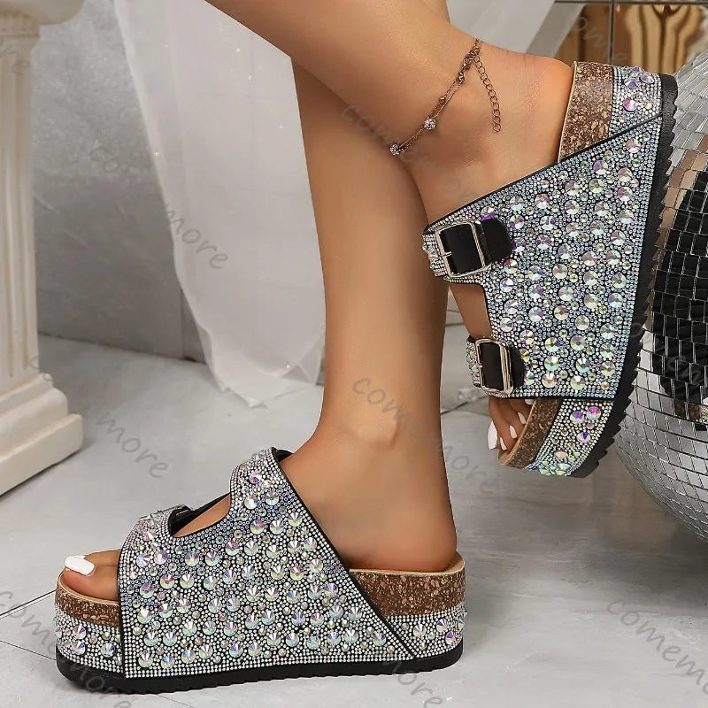 Platform Rhinestone Sandals with Buckles
