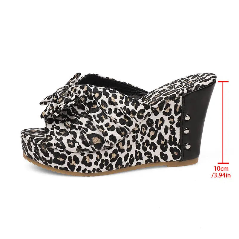 Leopard Wedge Sandals with Bow