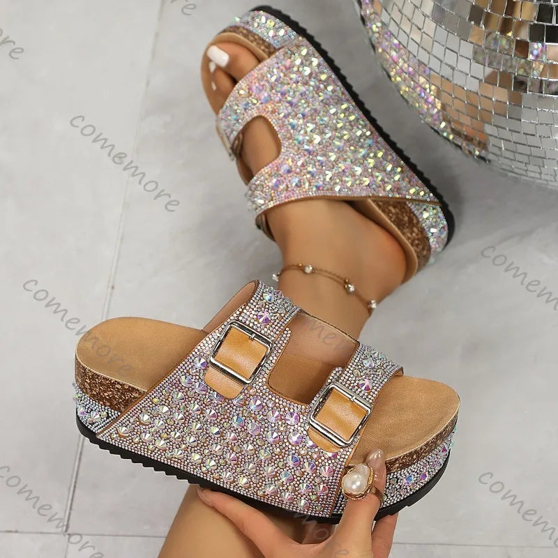Platform Rhinestone Sandals with Buckles