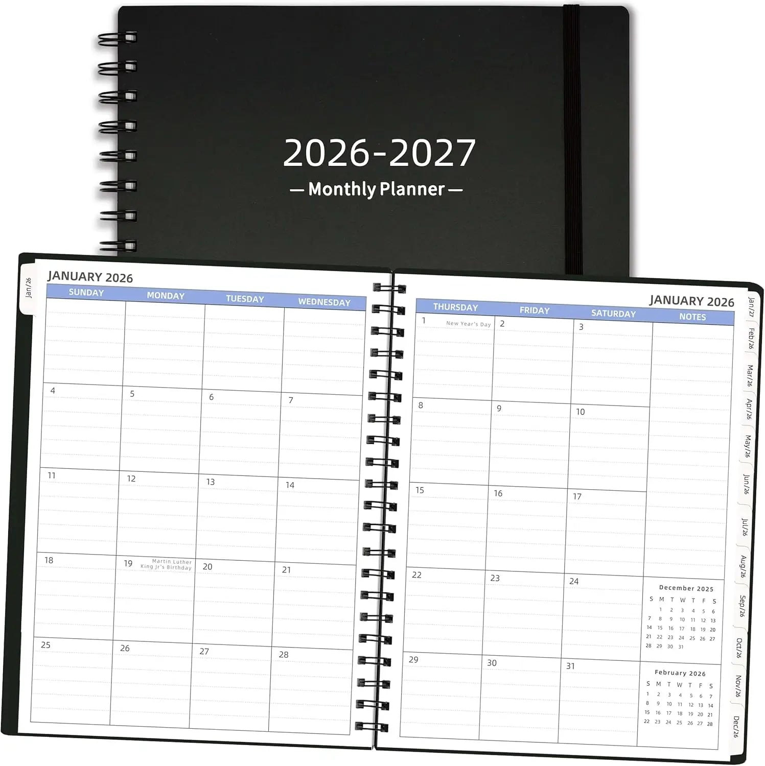 2026-2027 Monthly Planner, 18 Months Calendar with Tabs & Pocket, Black Cover, 7.6x9.6 Inches