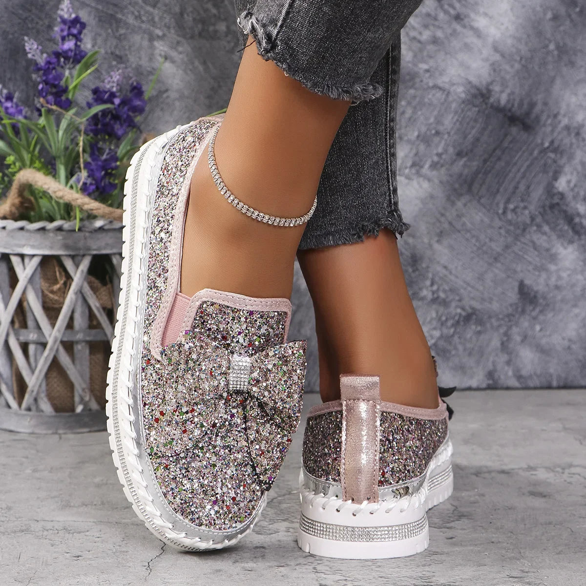 Sparkly Platform Loafers with Bow