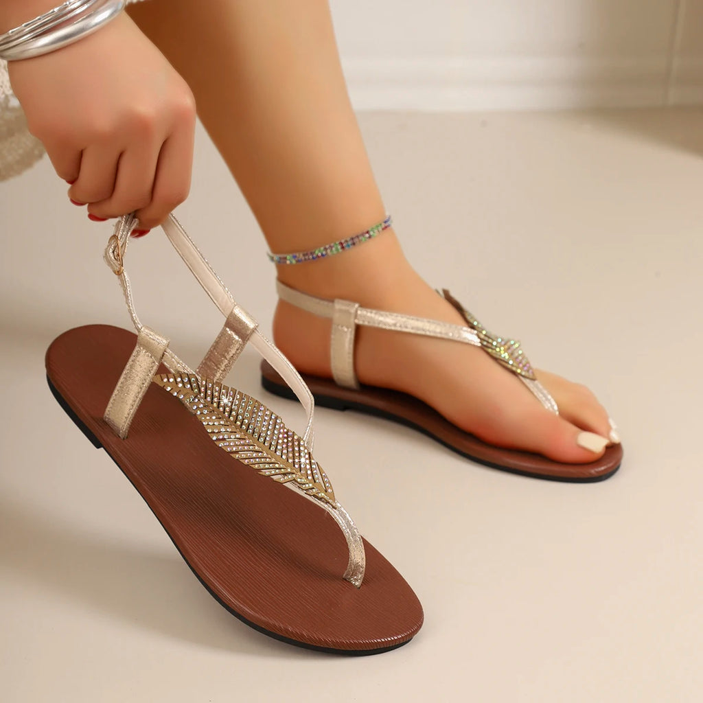 Gold Thong Sandals with Feather Detail