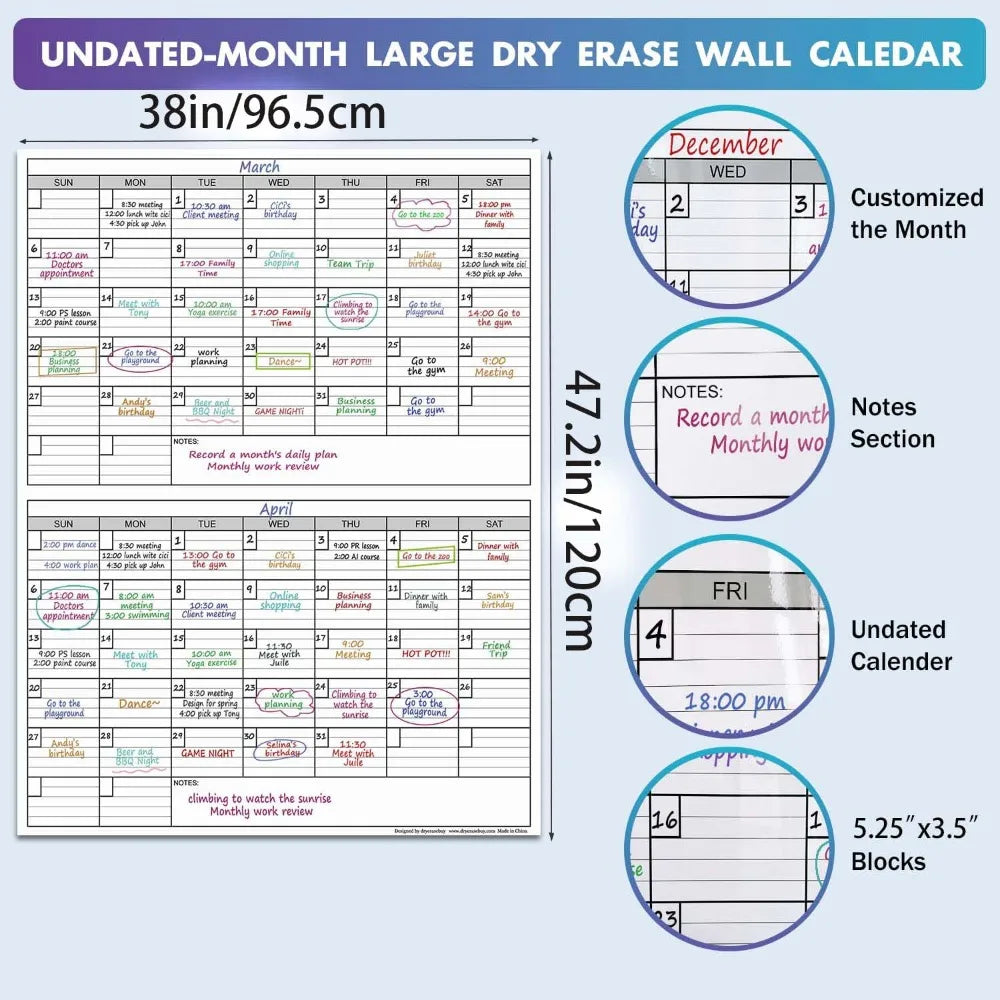 Rewritable Bimonthly Laminated Giant Wall Calendar Whiteboard (38 "× 47") 60-Day Family Schedule Planning Poster (Reusable)