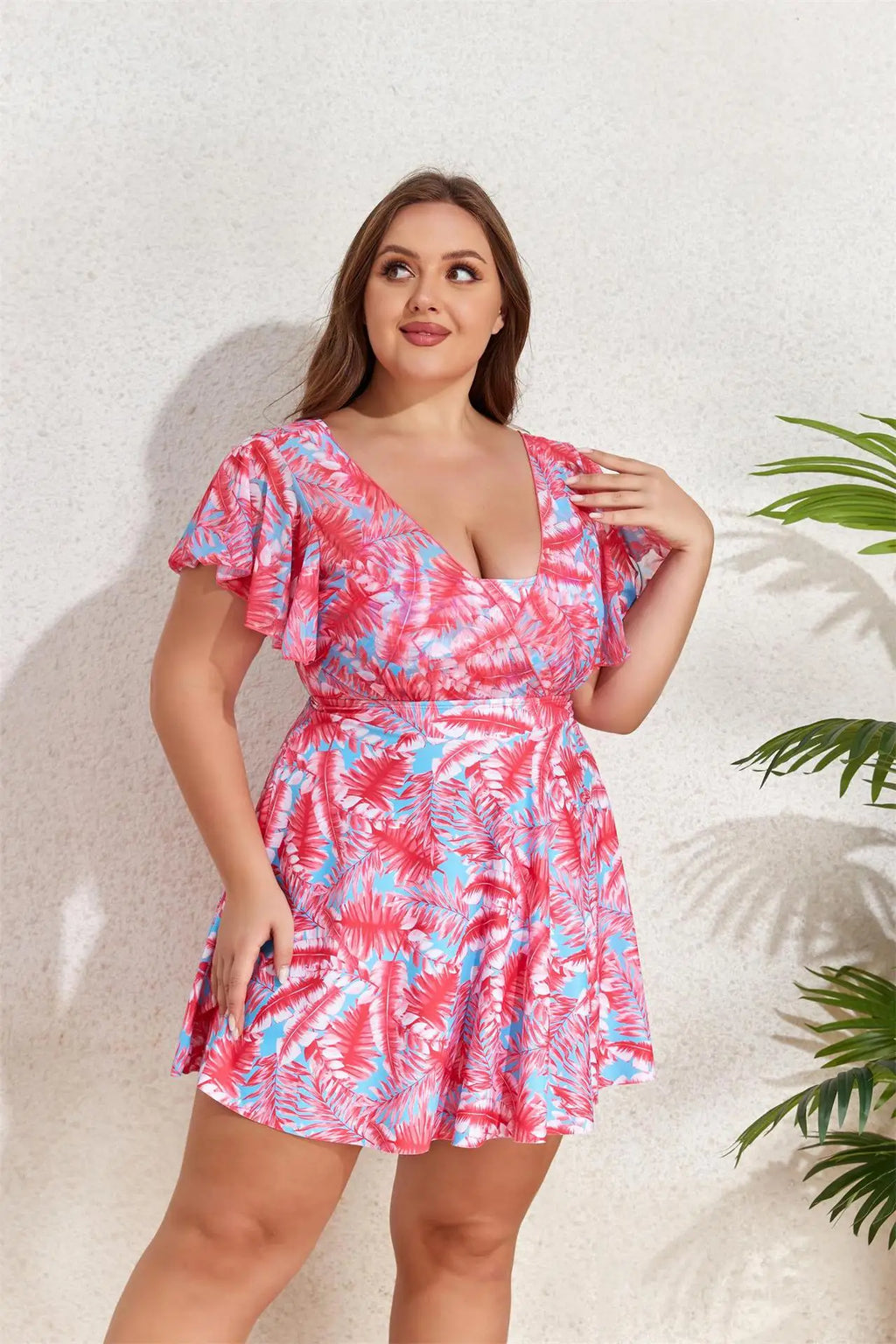 Ruffle Sleeve Tankini Top&High Waist Bikini Bottoms