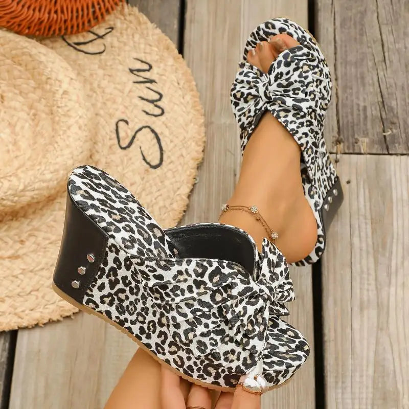 Leopard Wedge Sandals with Bow