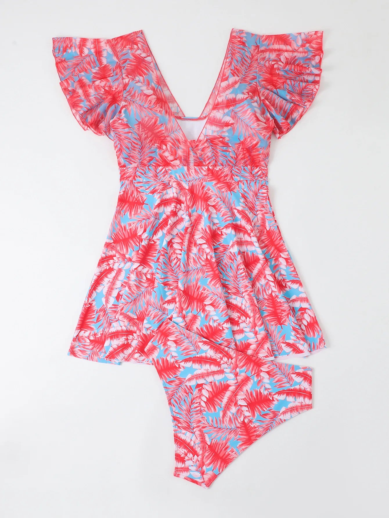 Ruffle Sleeve Tankini Top&High Waist Bikini Bottoms