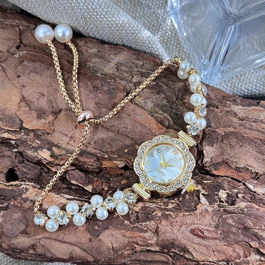 Pearl & Diamond Watch- with Adjustable Band