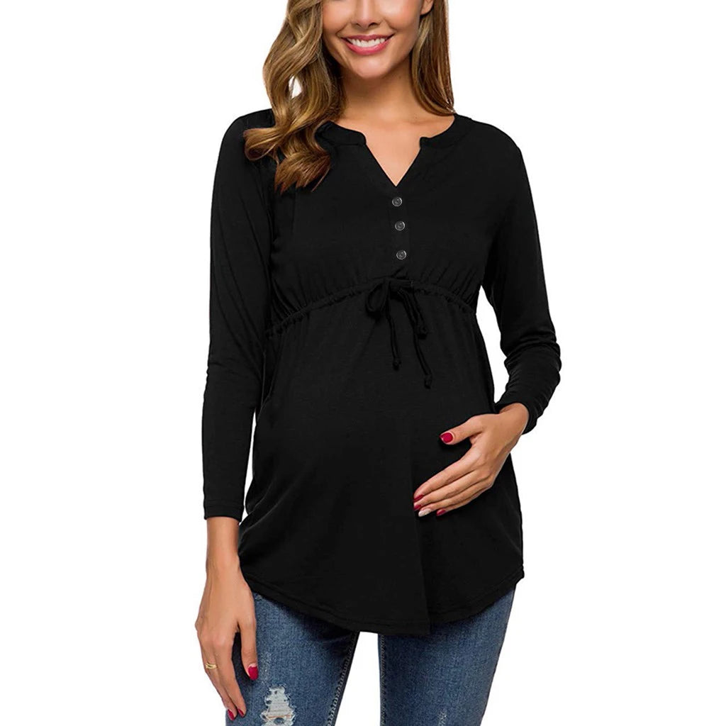Women Maternity Long Sleeve Solid Color Nursing Tops T-shirt For Breastfeeding