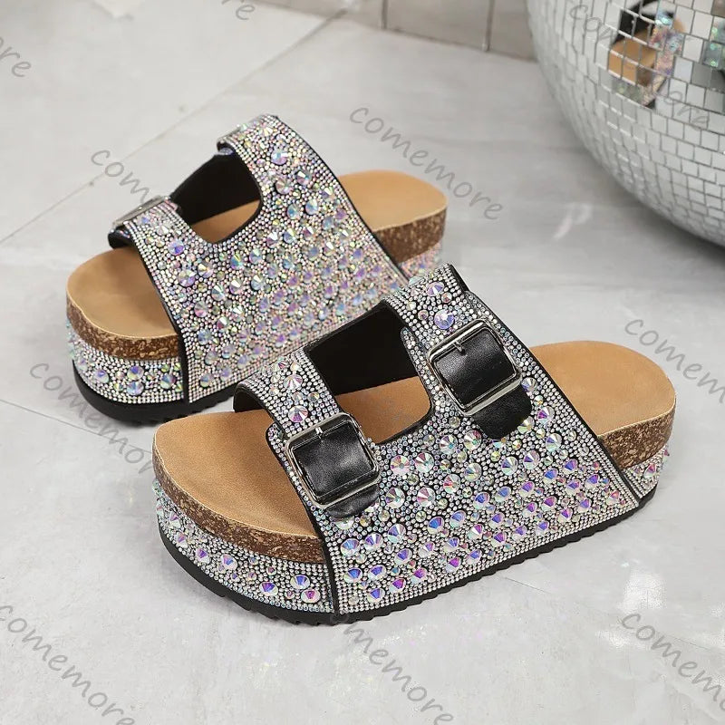 Platform Rhinestone Sandals with Buckles