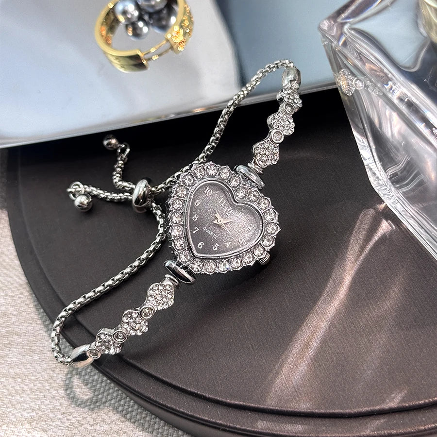 Heart Diamond-Studded Watch with Adjustable Bracelet