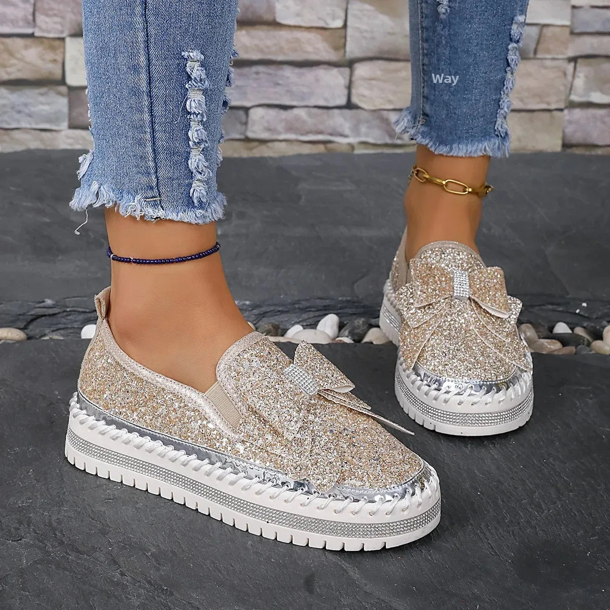 Sparkly Platform Loafers with Bow