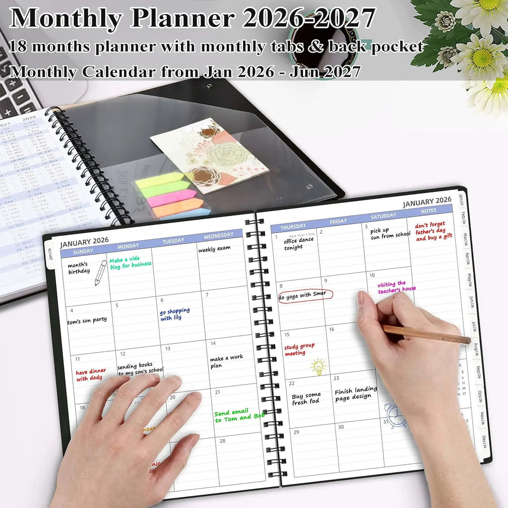 2026-2027 Monthly Planner, 18 Months Calendar with Tabs & Pocket, Black Cover, 7.6x9.6 Inches