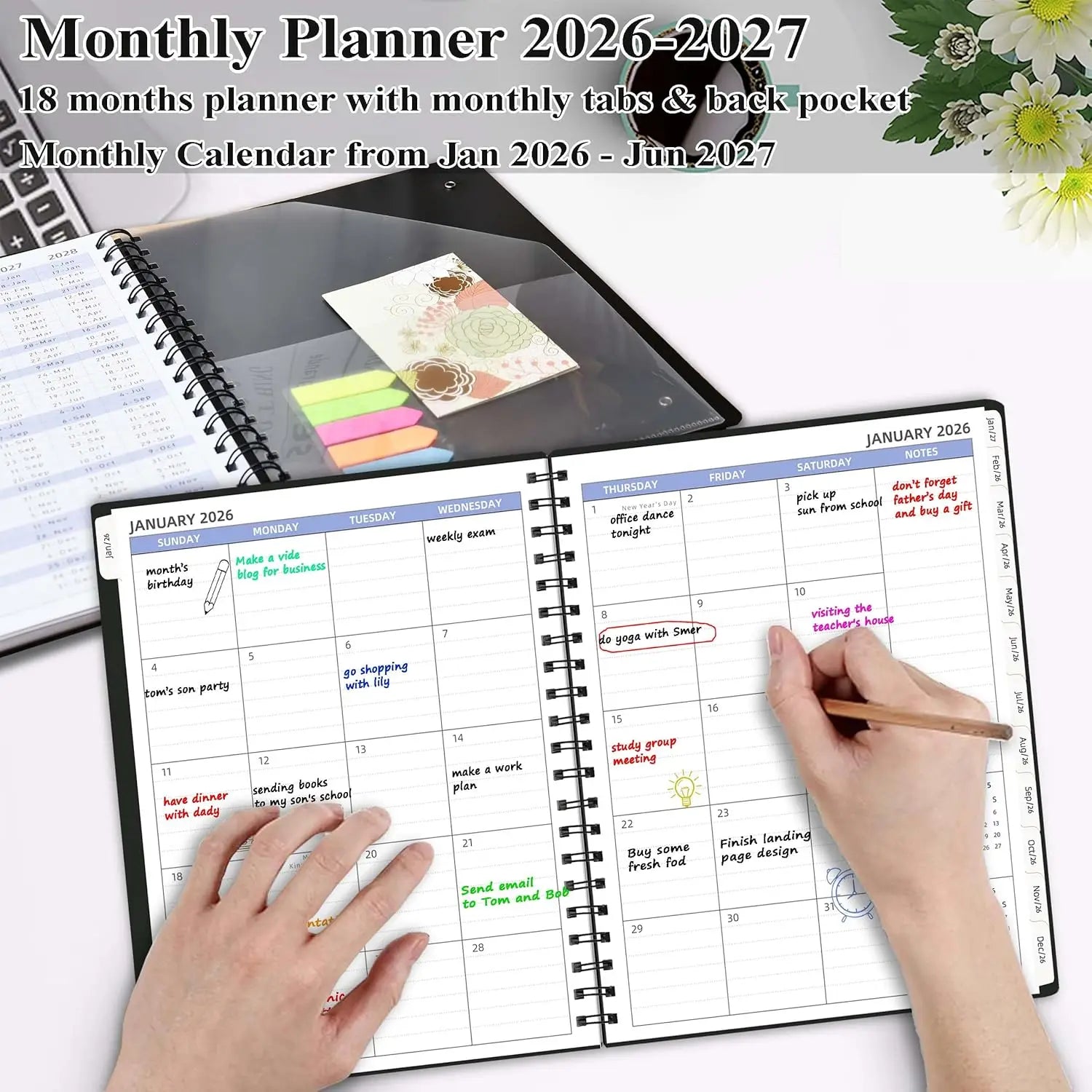 2026-2027 Monthly Planner, 18 Months Calendar with Tabs & Pocket, Black Cover, 7.6x9.6 Inches