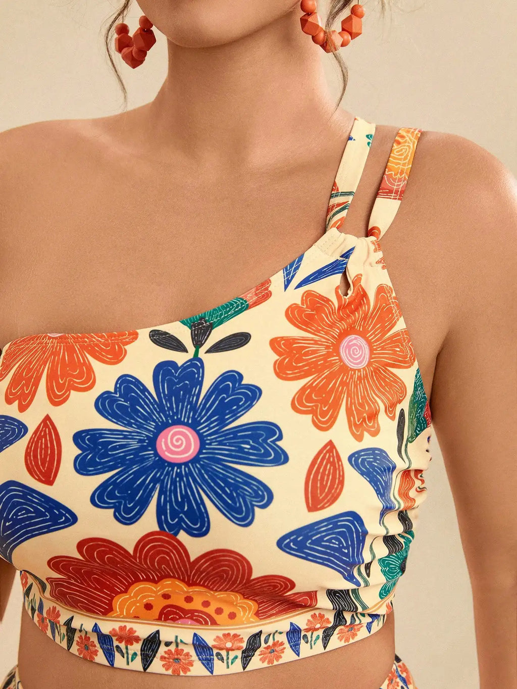 Floral Print Asymmetric Neck Bikini Set Women High Waist Beach Swimwear