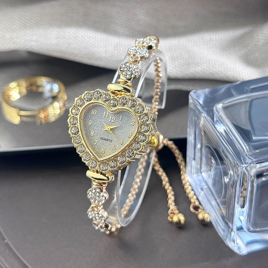 Heart Diamond-Studded Watch with Adjustable Bracelet