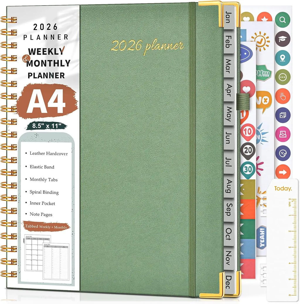 2026 Weekly & Monthly Planner, Hardcover Leather, 8.5x11 Inch