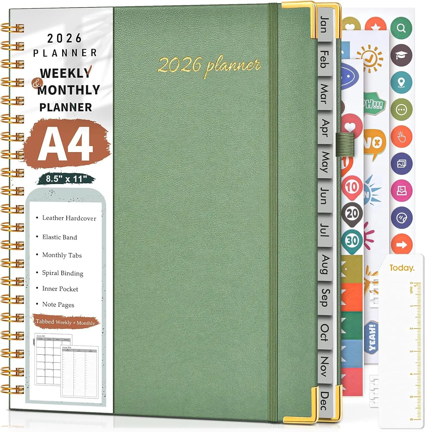 2026 Weekly & Monthly Planner, Hardcover Leather, 8.5x11 Inch