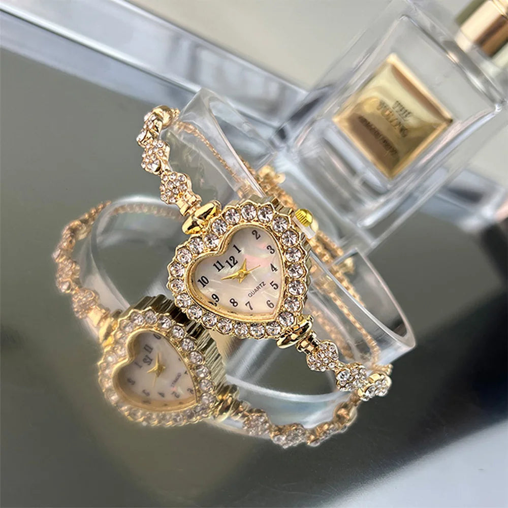 Heart Diamond-Studded Watch with Adjustable Bracelet