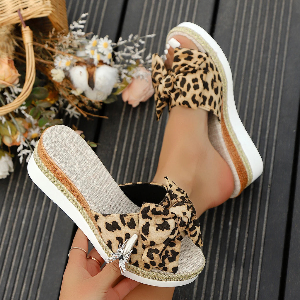 Leopard Wedge Sandles with Bow