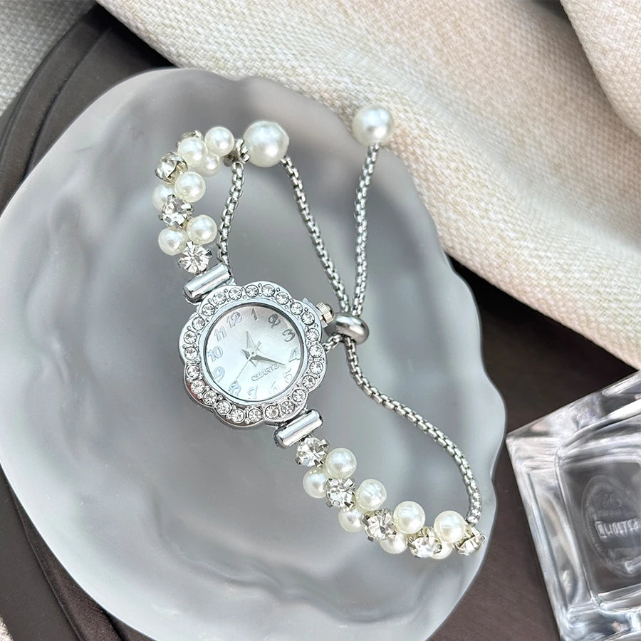 Pearl & Diamond Watch- with Adjustable Band