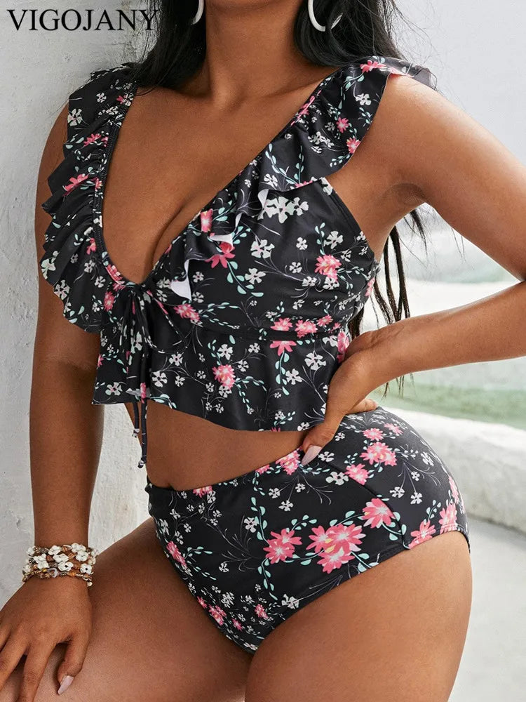 Ruffle Swim Top&High Waist Bikini Bottoms