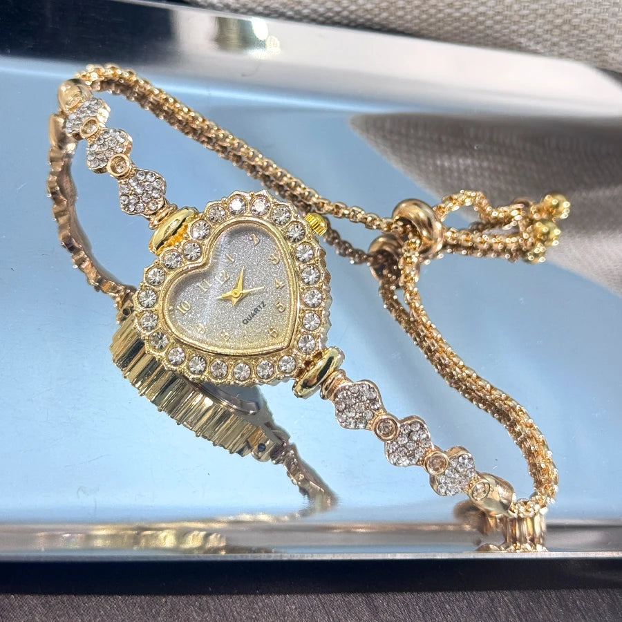 Heart Diamond-Studded Watch with Adjustable Bracelet