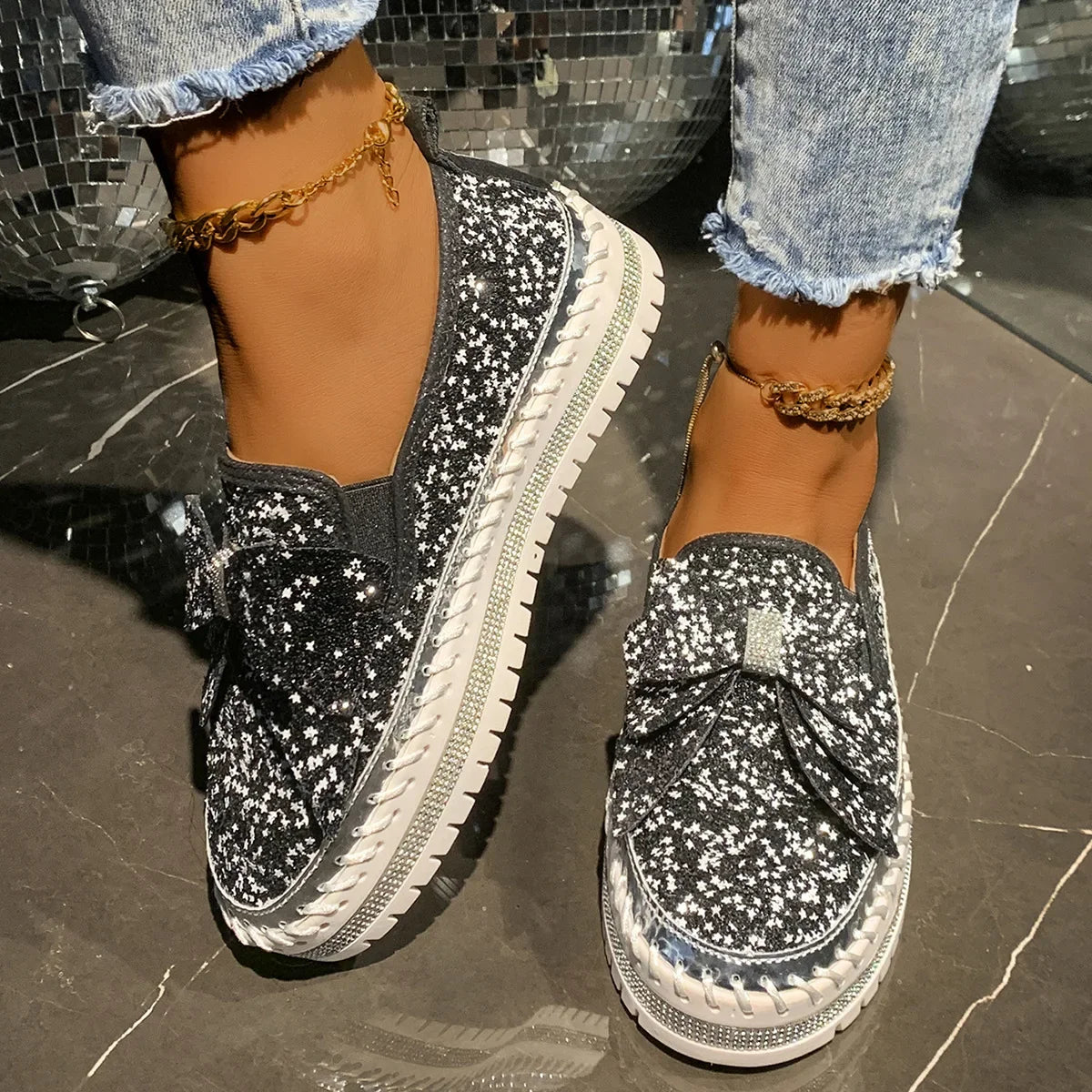 Sparkly Platform Loafers with Bow
