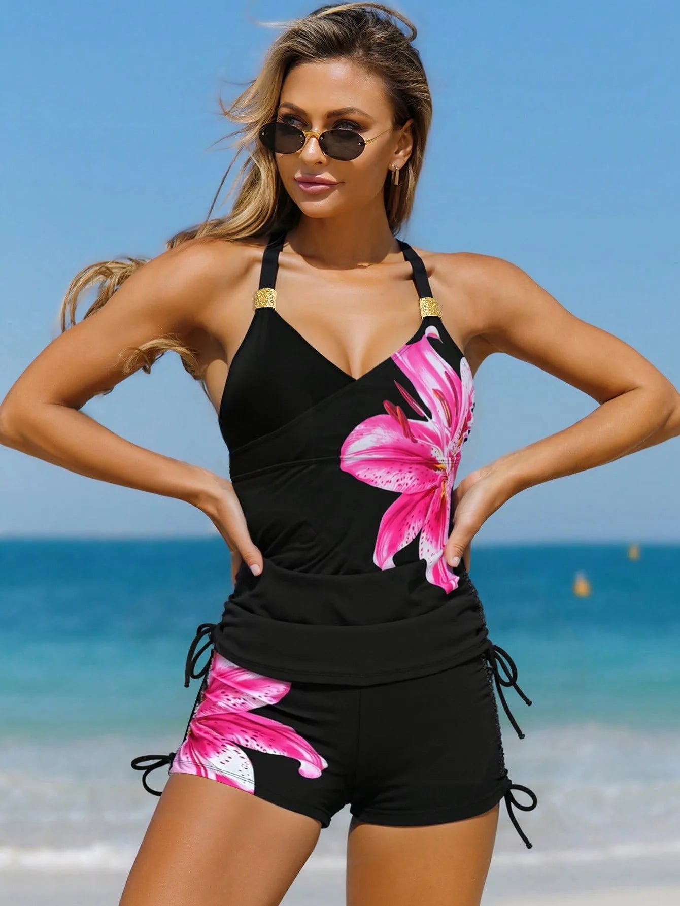 Ruched Tankini Top&High Waist Ruched Swim Shorts