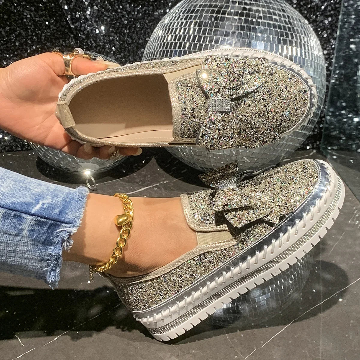 Sparkly Platform Loafers with Bow