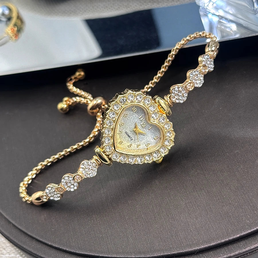 Heart Diamond-Studded Watch with Adjustable Bracelet