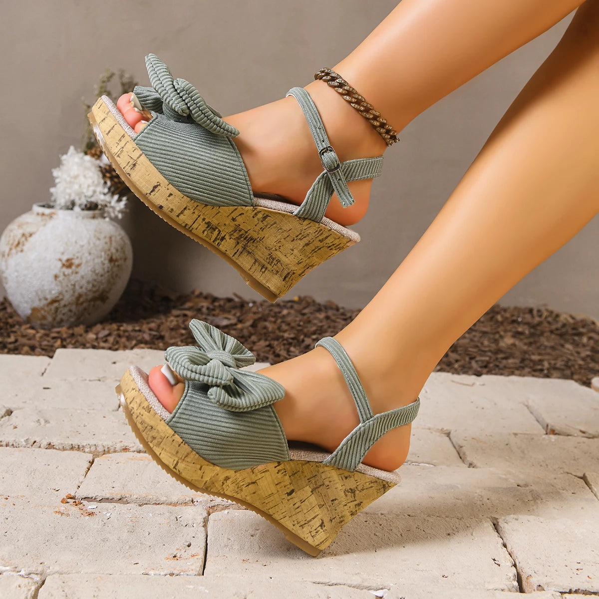 Corduroy Peep-Toe Wedge With Bow