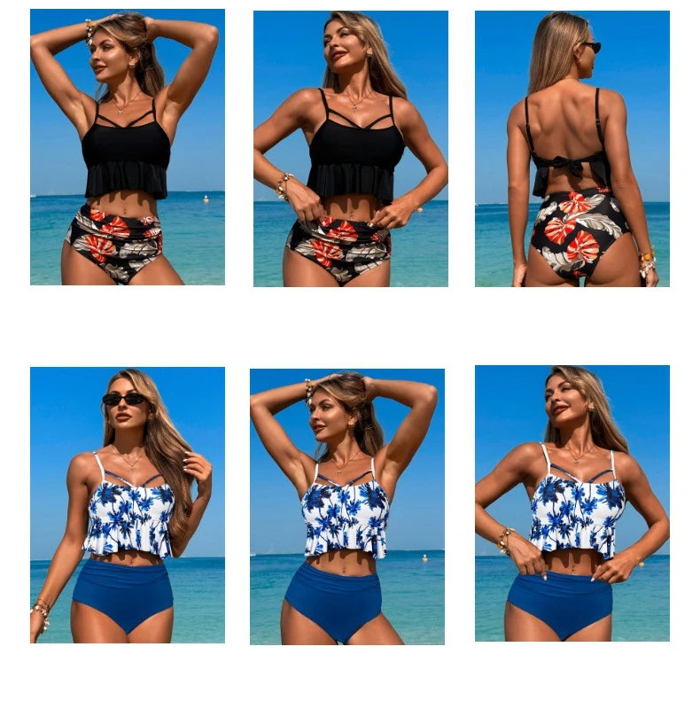 Ruffle Tankini Top&High Waist Bikini Bottoms