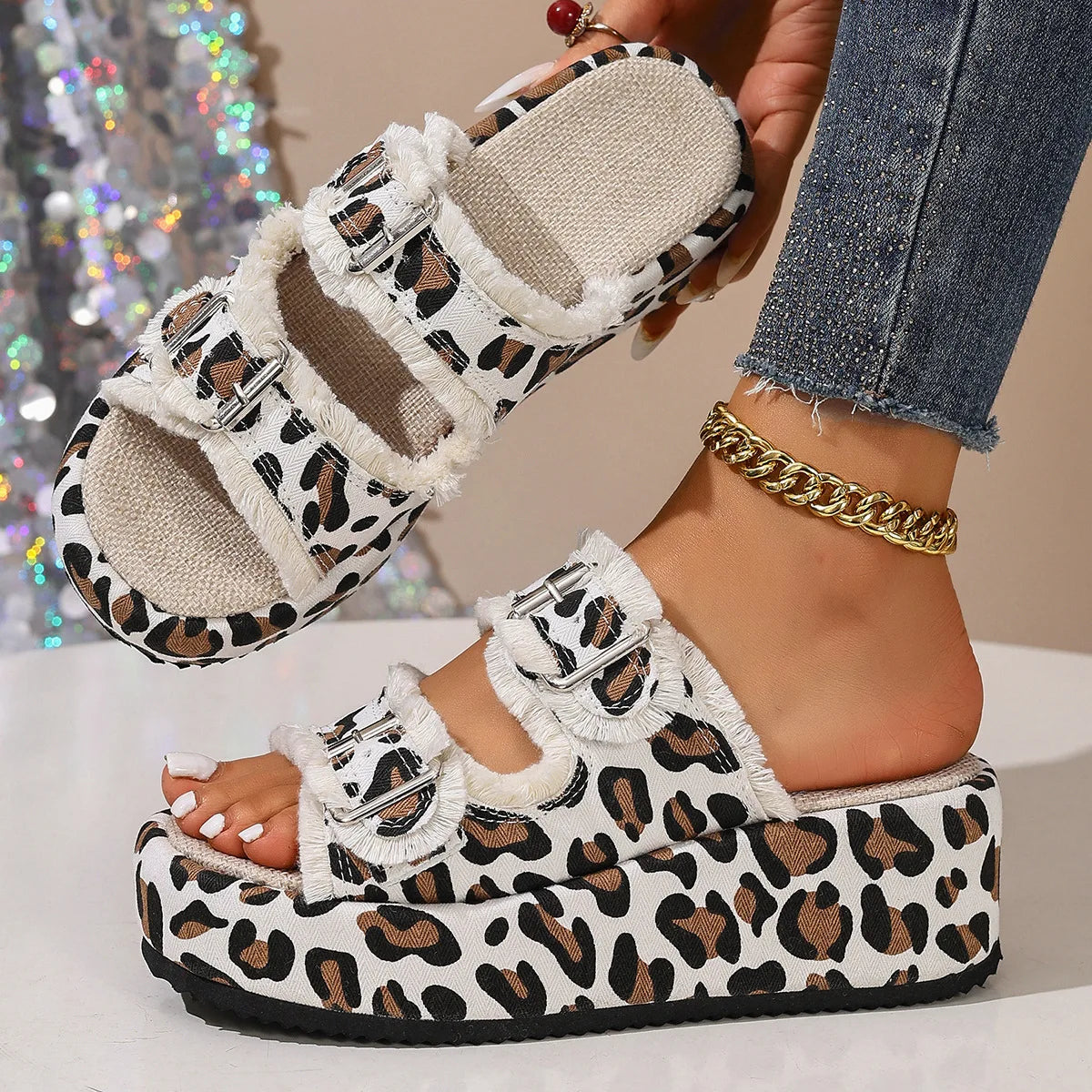 Denim Sandals with Adjustable Buckles
