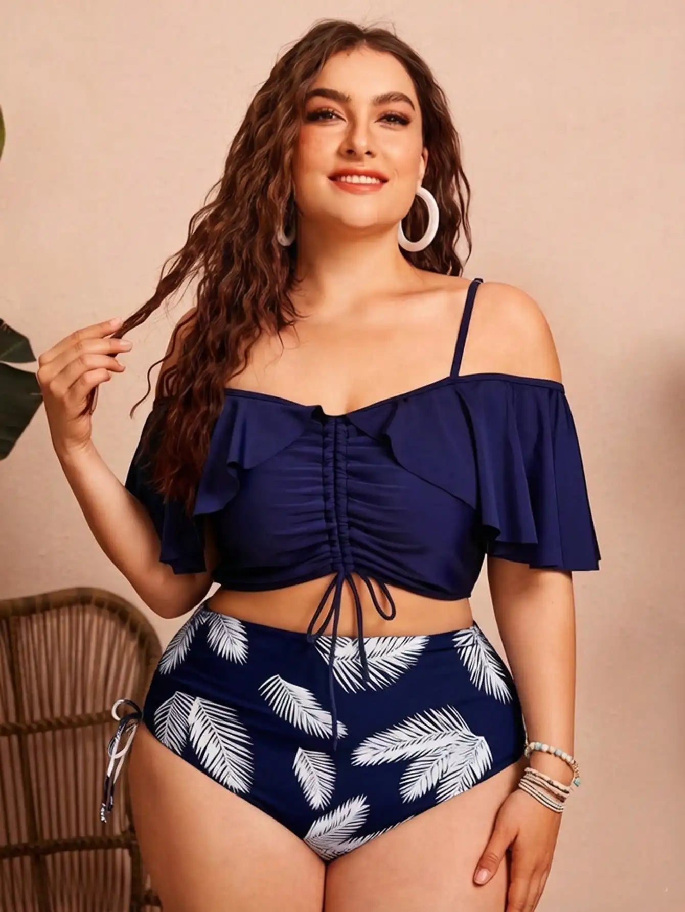 Ruched Ruffle Sleeve Bikini Top&High Waist Ruched Bikini Bottoms