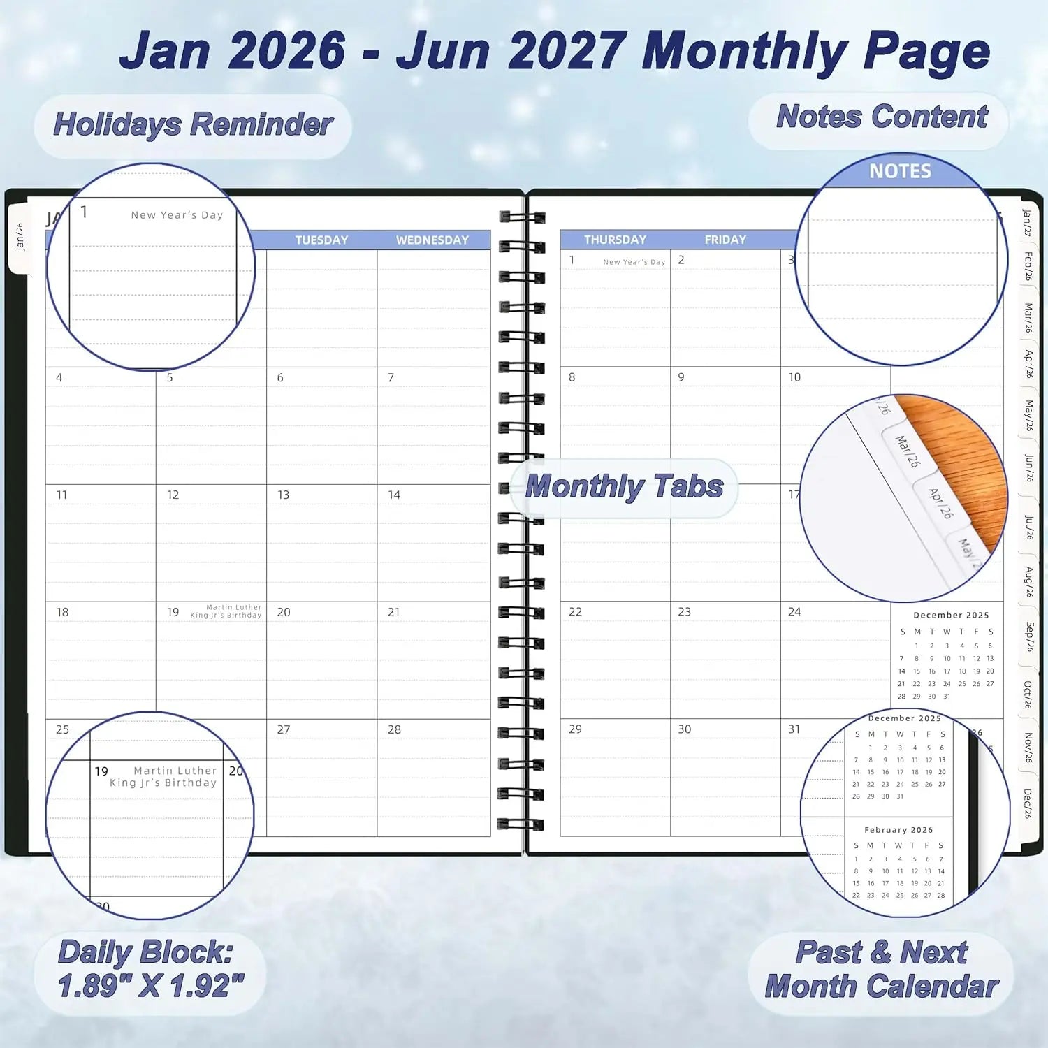 2026-2027 Monthly Planner, 18 Months Calendar with Tabs & Pocket, Black Cover, 7.6x9.6 Inches
