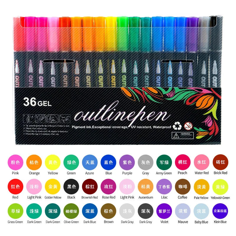 36 Color Double Line Outline Art Pen Marker Pen DIY Graffiti Outline Marker Pen Highlighter Scrapbook Diary Poster Card