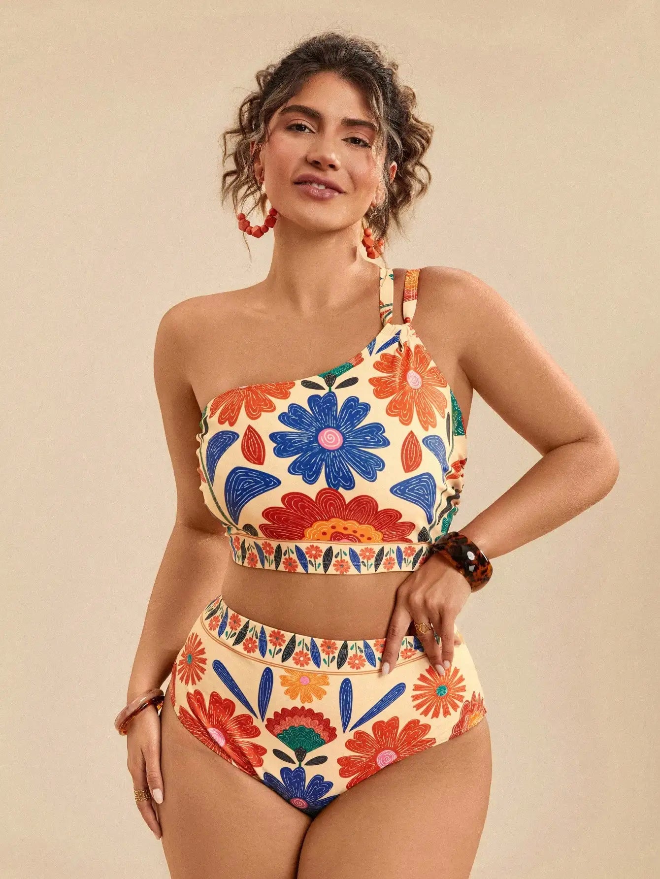 Floral Print Asymmetric Neck Bikini Set Women High Waist Beach Swimwear