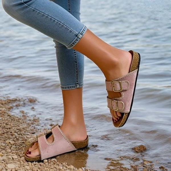 Stitched Soft Leather Sandals with Buckle