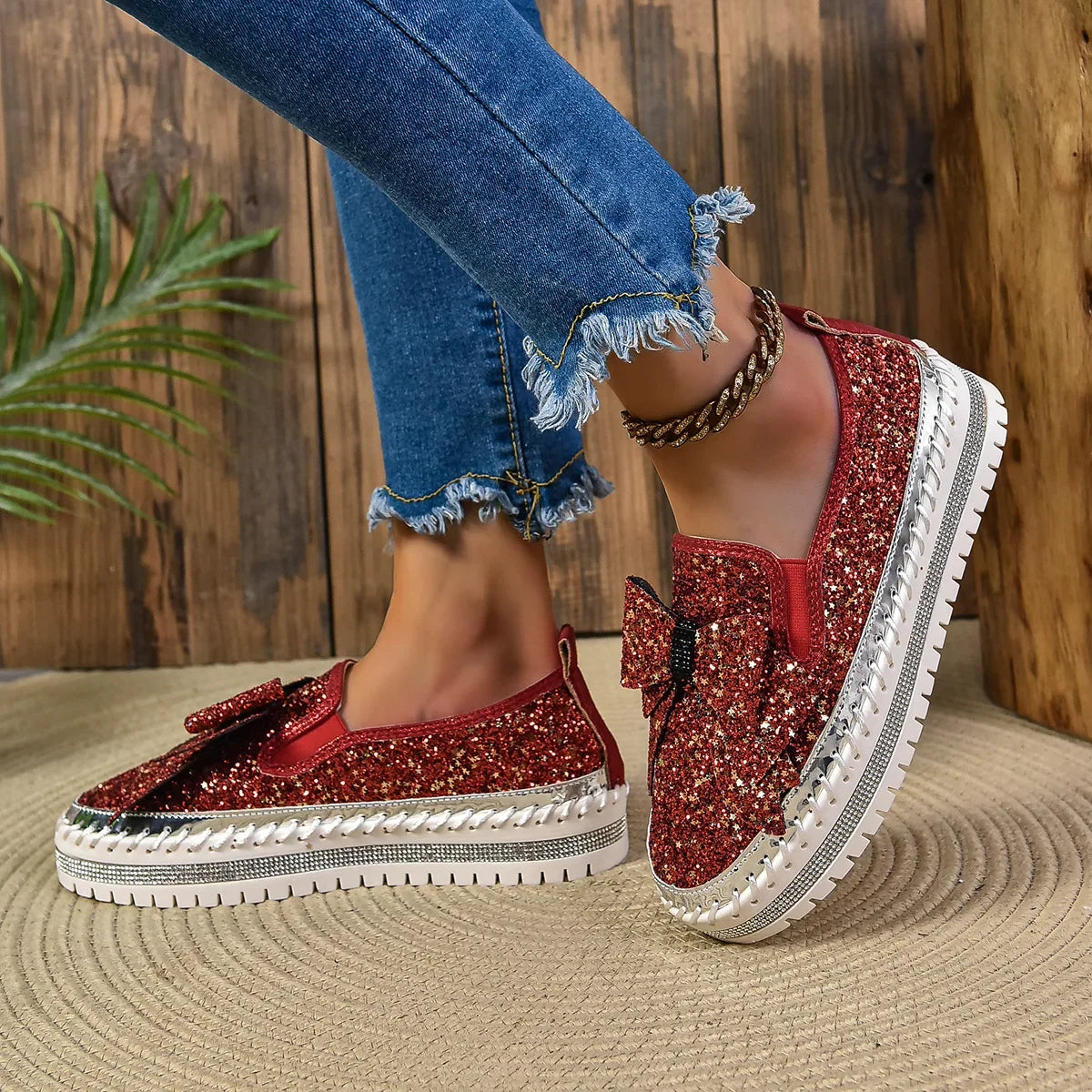 Sparkly Platform Loafers with Bow