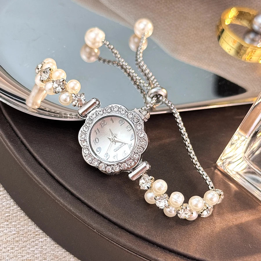Pearl & Diamond Watch- with Adjustable Band