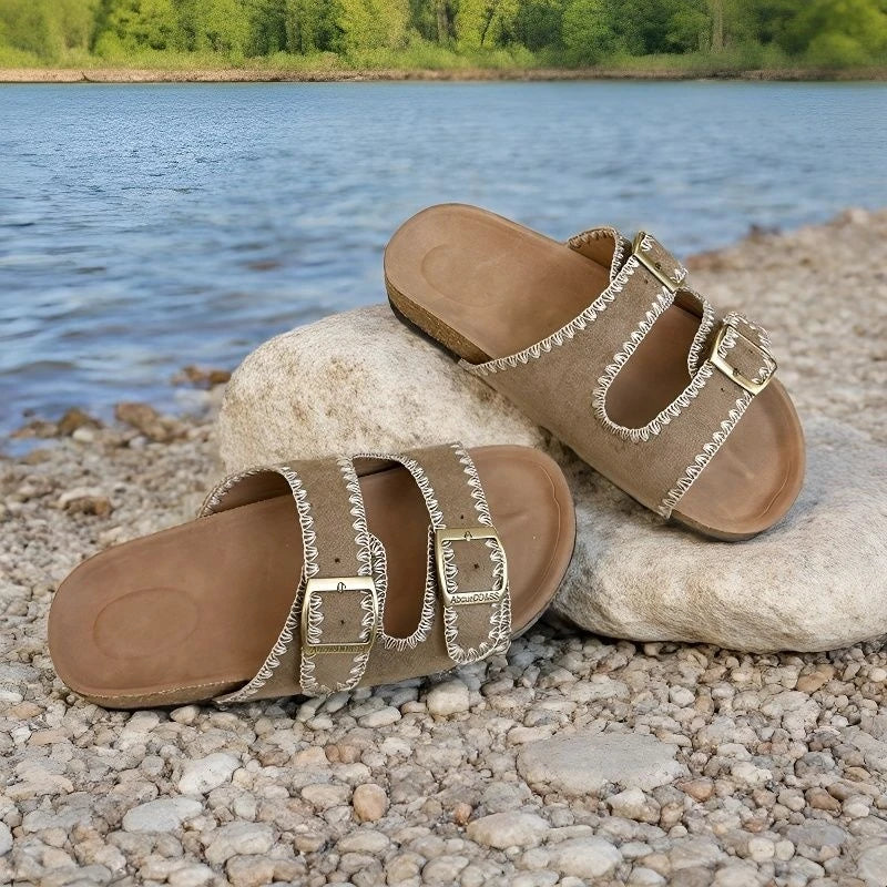 Stitched Soft Leather Sandals with Buckle