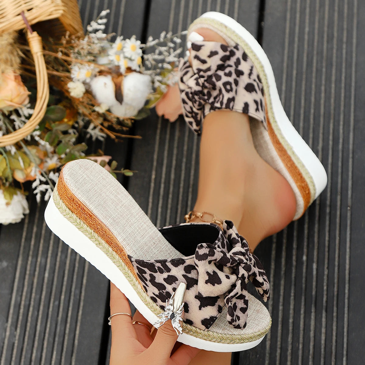 Leopard Wedge Sandles with Bow
