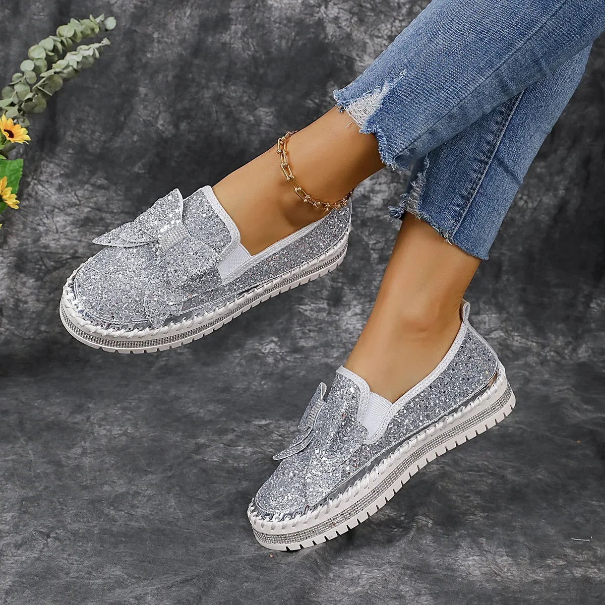 Sparkly Platform Loafers with Bow
