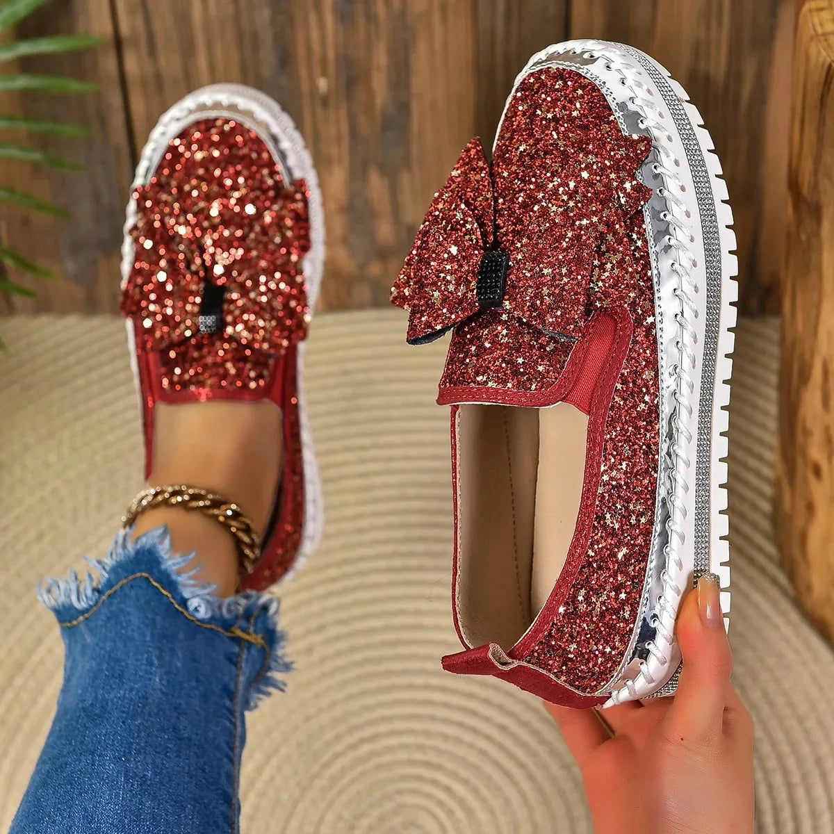 Sparkly Platform Loafers with Bow