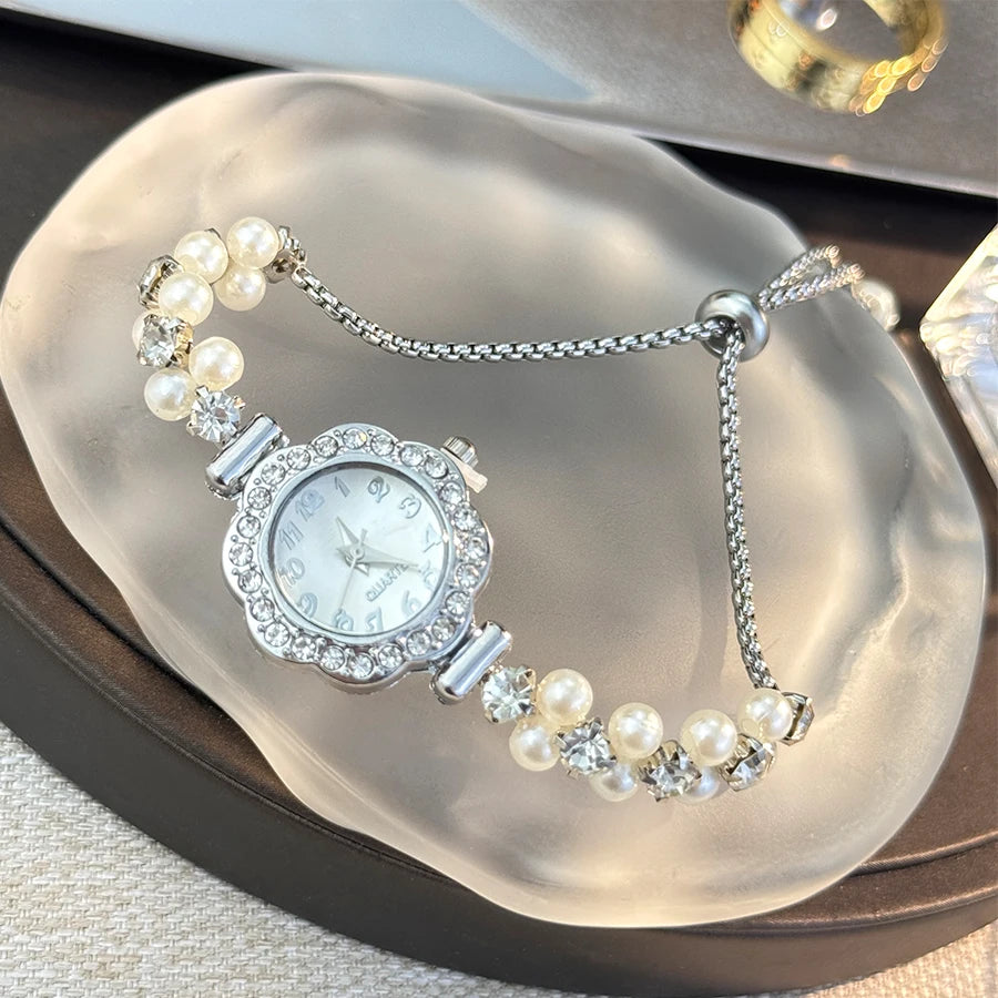 Pearl & Diamond Watch- with Adjustable Band