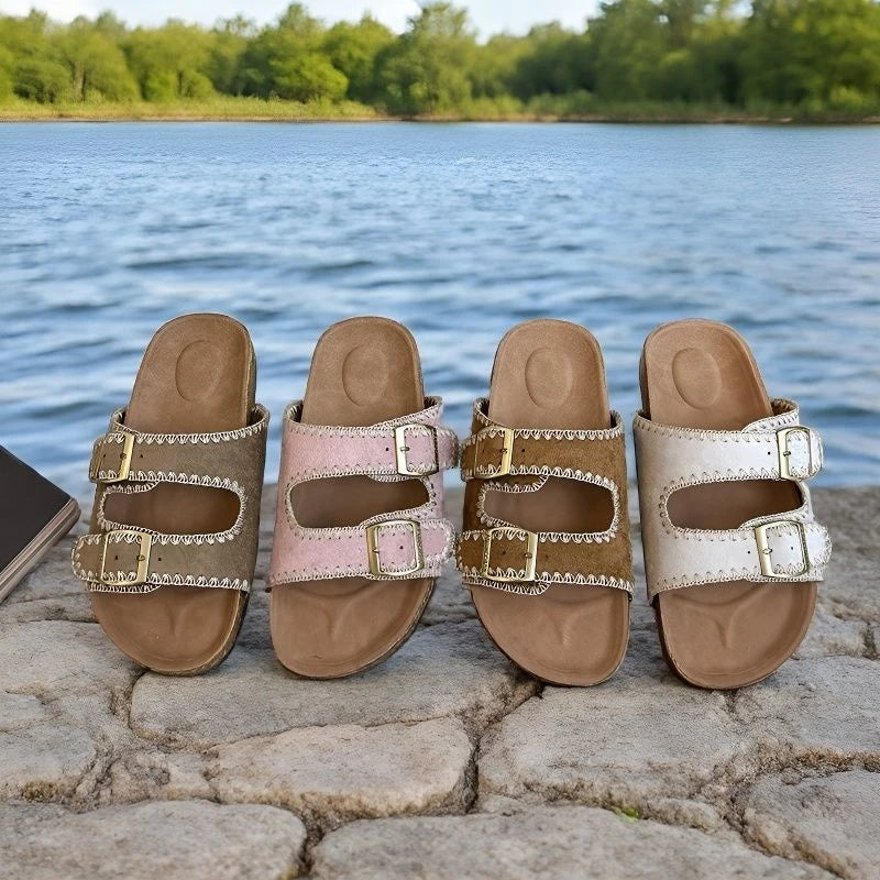 Stitched Soft Leather Sandals with Buckle