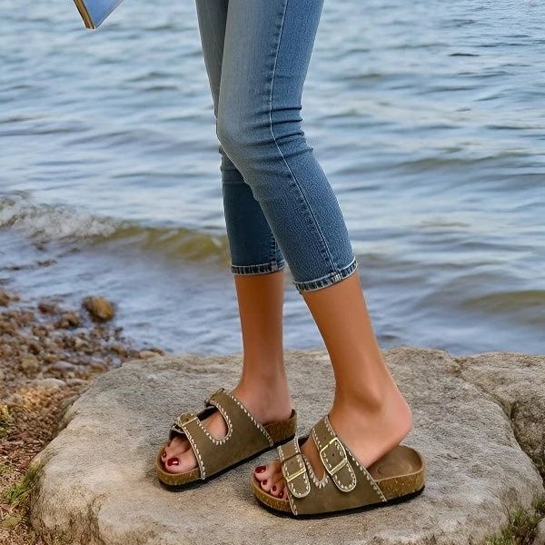 Stitched Soft Leather Sandals with Buckle