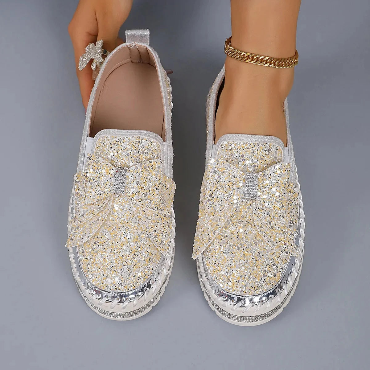 Sparkly Platform Loafers with Bow