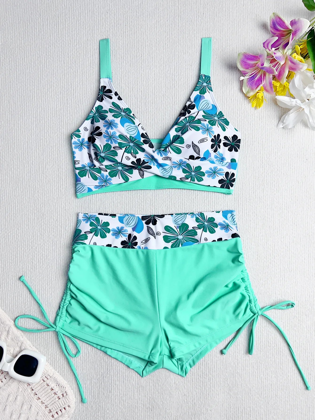 Floral Bikini Top&High Waist Swim Shorts