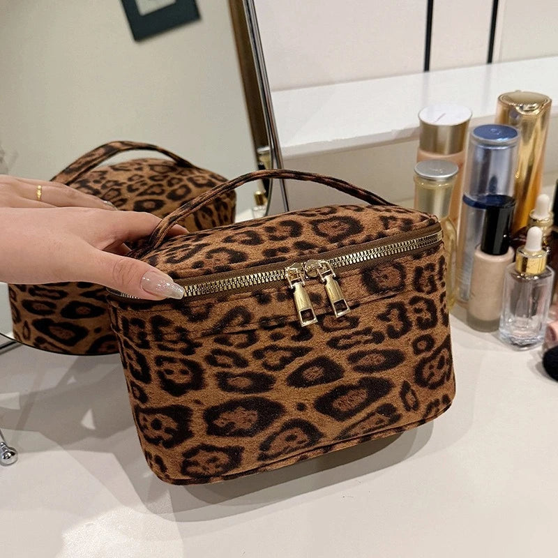 Leopard Faux Suede Cosmetic Bag